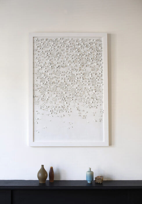 Abstract white leather artwork by Louise Heighes of Wildflowers shown framed